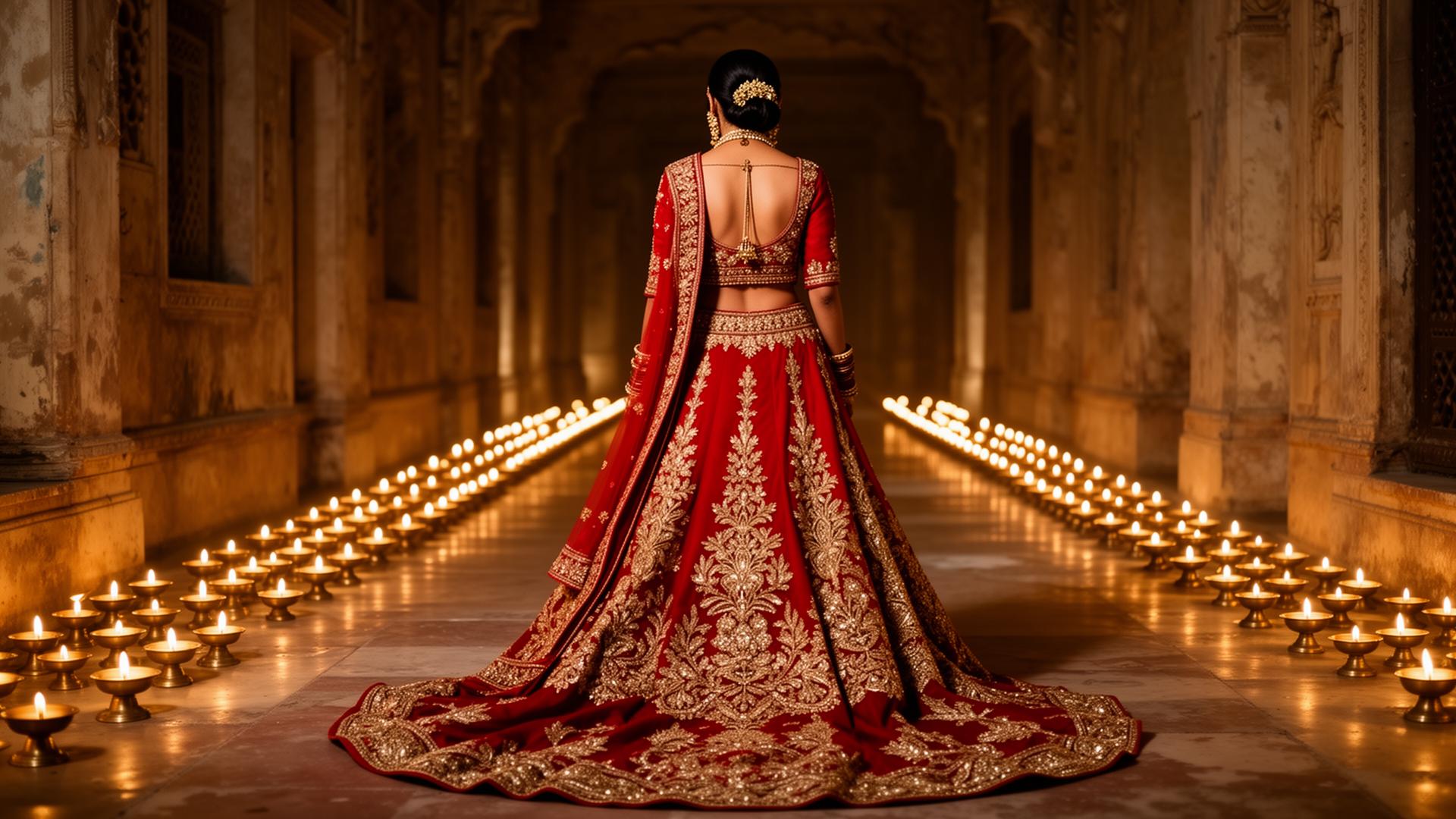 Bridal couture in candlelit palace hall